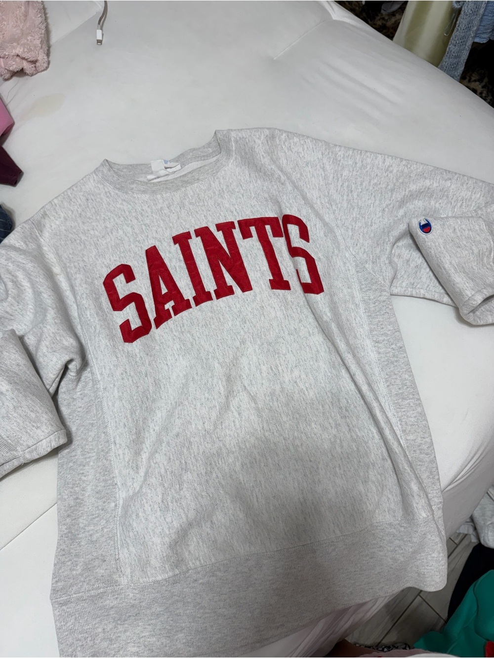 Champion Light Gray Sweatshirt with Red SAINTS Lettering